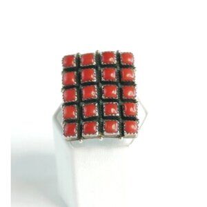 Native American Red Coral Channel Stone Sterling‎ Silver Ring Rare